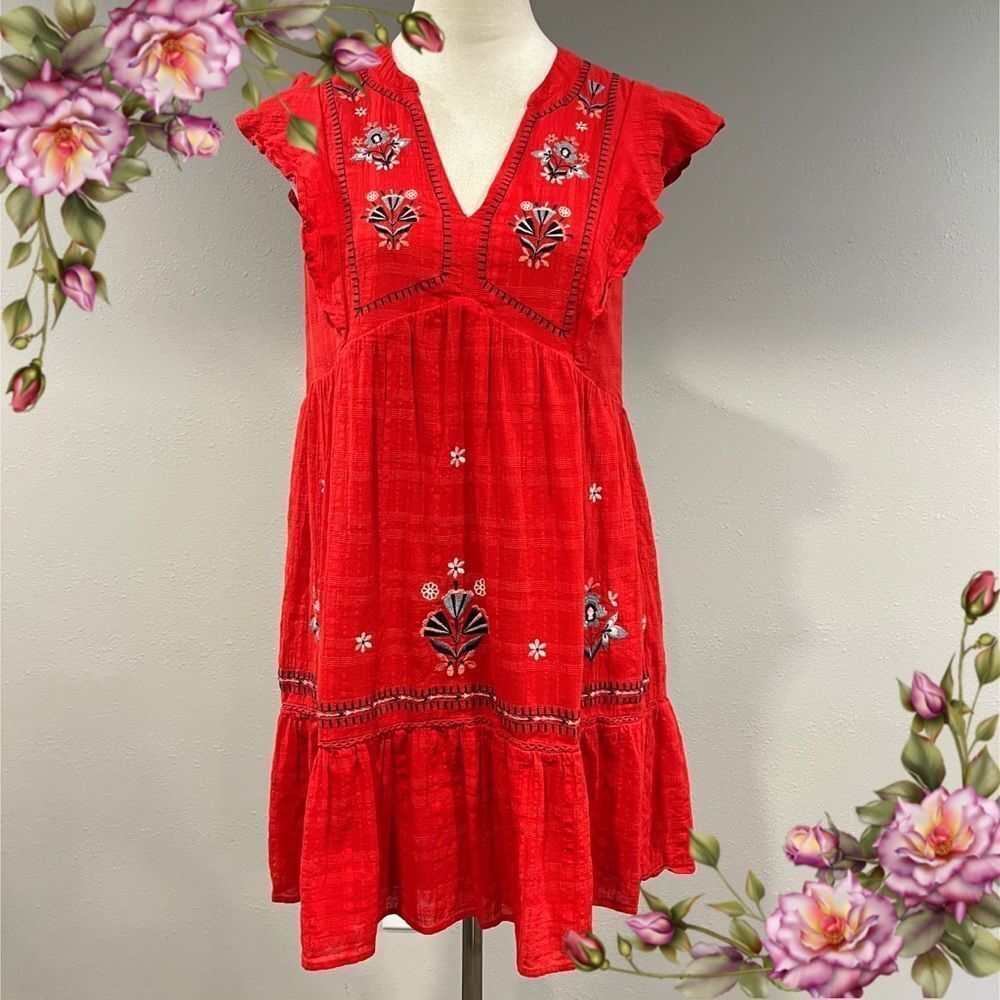 Knox Rose Red embroidered mini‎ Sundress with Flutter Sleeves size xs